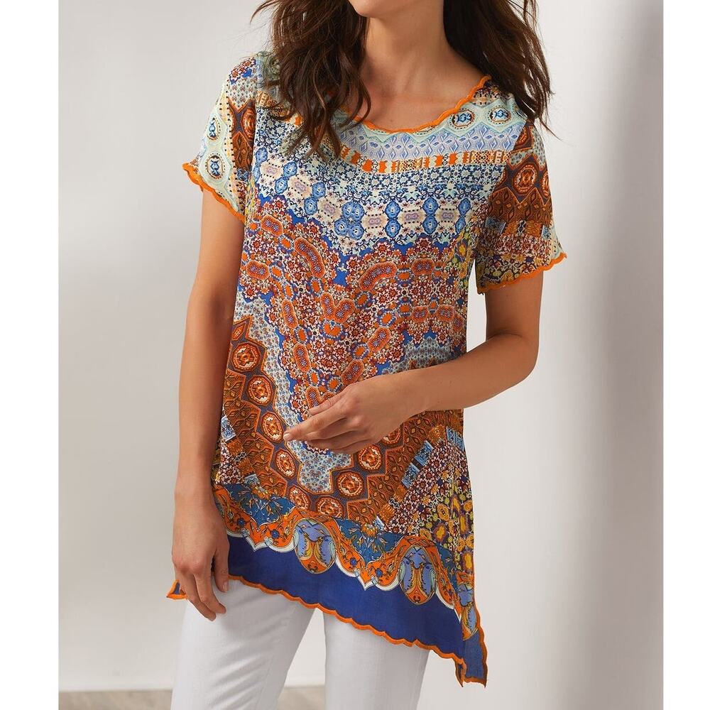 Soft Surroundings Joan Tunic Womens Medium Scalloped Trim Colorful Boho Top